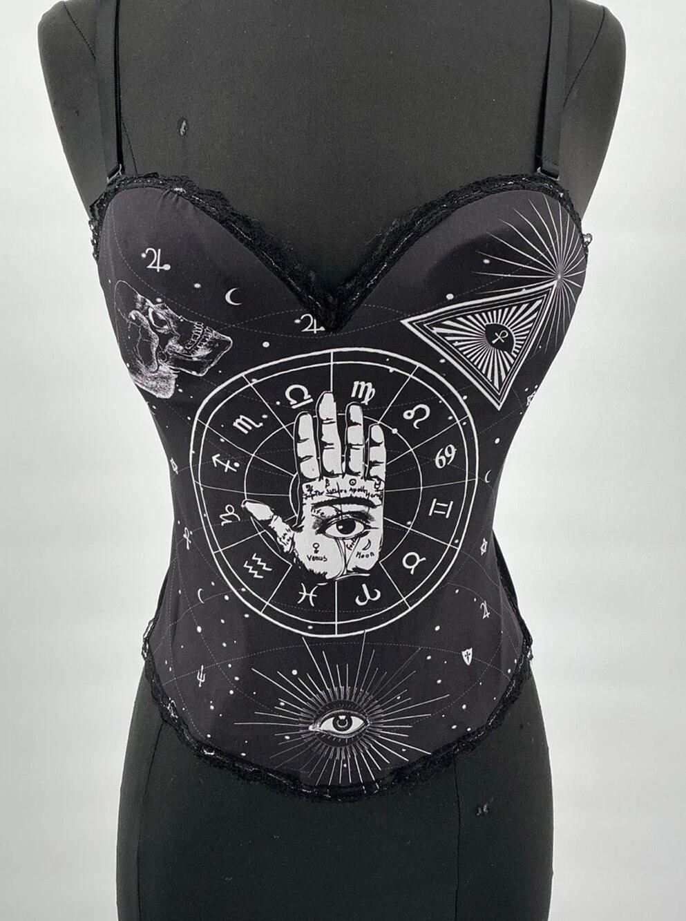 Black Occult Celestial Zodiac Palmistry Bustier Corset M Fits Small
